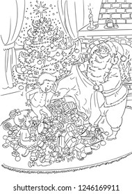 Vector illustration, coloring drawing, Santa Claus giving presents to kids, cartoon concept.
