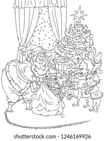 Vector illustration, coloring drawing, Santa Claus giving presents to kids, cartoon concept.