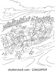 Vector illustration, coloring drawing, Santa Claus on his sleigh, cartoon concept.
