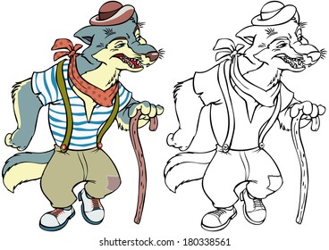 Vector illustration, coloring drawing, wolf, cartoon concept, white background.