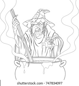 vector illustration, coloring, evil witch cooking poisonous potion in the cauldron, conjures to halloween
