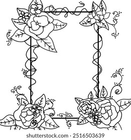 Vektorgrafik zum Färben Ein Rahmen aus schönen rosa Blumen und kleinen Blumen.  Malbücher oder Seiten. Farbe der Seiten des Notizbuchs, der Poster des Notizbuchs