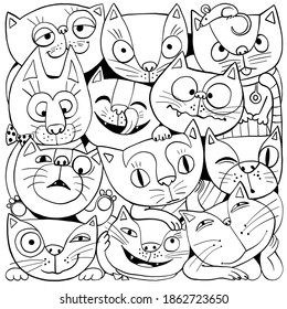Vector illustration for coloring. Funny cartoon. Cheerful crowd of cats. Square print. Black outline on a white background.