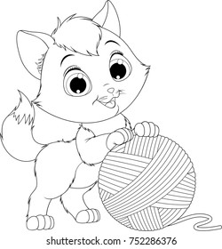 vector illustration, coloring, funny kitten playing with a ball of yarns
