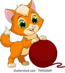 Vector illustration, coloring, funny kitten playing with a ball of yarns