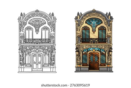 Vector illustration coloring game line ornate art nouveau building facade black and white to color detailed architecture illustration
