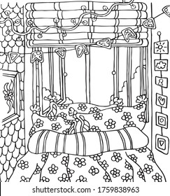  Ilustración vectorial para colorear, para tarjetas de felicitación, afiches, pegatinas, diseño. Imagen vectorial en blanco y negro con flores, cama, cuadros, manta, almohada, ventana, arbustos