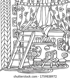 Vector illustration for coloring, for greeting cards, posters, stickers, design. Vector picture interior of a children's room with a bed, curtains, stairs, lamp, flowers, table, chairs, books, pillows