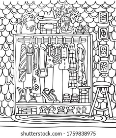  Ilustración vectorial para colorear, para tarjetas de felicitación, afiches, pegatinas, diseño. Rodaje antiestrés de imagen en blanco y negro, ropa, bolsa, caja, sombrero, florero, zapatos, cuadros, silla, alfombra