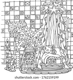 Vector illustration for coloring, for greeting cards, posters, stickers, design. Interior vector illustration on a white background with flowers, candles, lamp, pillows, carpet, wall.