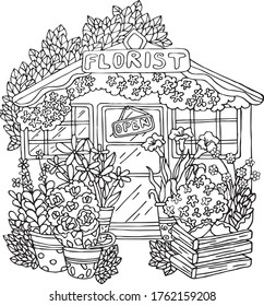 Vector illustration for coloring, for greeting cards, posters, stickers, design,wallpaper. Coloring vector illustration with flowers, house, windows, tree, flower pots, florist