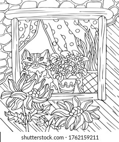 Ilustración vectorial para colorear, para tarjetas de felicitación, afiches, pegatinas, diseño. Ilustración vectorial de color con gato, ventana, flores, tul, macetas de flores, pared de piedra, pared de madera.