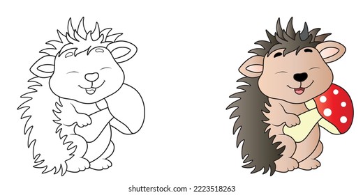 Vector illustration and coloring hedgehog with mushroom
