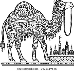 Vector illustration of coloring image of a camel with sample black and white. It can be used for coloring books and coloring pages.