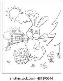 Vector illustration Coloring for kids with rabbit to collect mushrooms and carrots. Blank outline in the book for children background