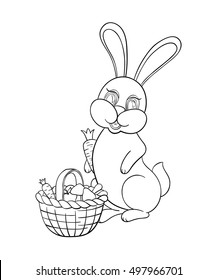 Vector illustration Coloring for kids with rabbit to collect mushrooms and carrots. Blank outline in the book for children background