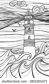 Vector illustration for a coloring with MECOM and raging sea. Black lines on a white background. Coloring book for adults lighthouse, sea