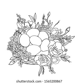 Vector illustration coloring nest with eggs and flowers, black and white drawing