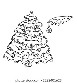 Vector illustration. Coloring a New Year tree with balls for children. Snow on the branches.