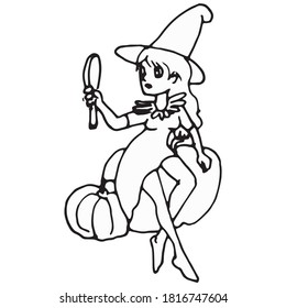 Vector illustration of a coloring on a halloween, funny cat in a witch hat sits on a pumpkin.