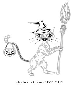 Vector illustration of a coloring on a halloween, funny cat in a witch hat sits on a pumpkin, coloring book page for kids and adults halloween 