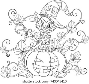 Vector illustration of a coloring on a halloween, funny cat in a witch hat sits on a pumpkin.