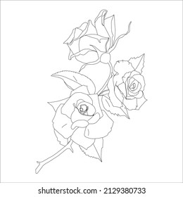 Vector illustration, coloring, Vector outline flowers. Line art coloring page with roses and leaves