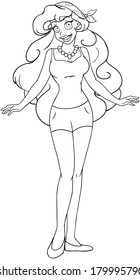 Vector illustration coloring page of an african teenage girl in tanktop and shorts. 