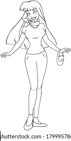 Vector illustration coloring page of an asian teenage girl in tshirt and long pants. 
