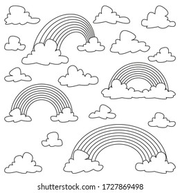 Vector Illustration. Coloring Page. Black Line. Set Of White Clouds Of Different Shapes.  Rainbow.