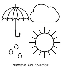 Vector illustration. Coloring page. Black line. Icon set. Umbrella, cloud, rain, sun. Weather icons.