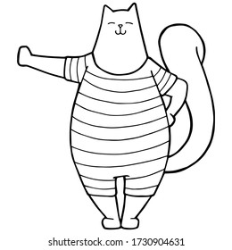 Vector illustration. Coloring page. Black line. Cartoon cat. Isolated on a white. Acrobat cat in a striped retro swimsuit.