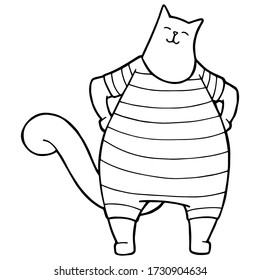 Vector-Abbildung. Farbseite. Schwarze Linie. Cartoon Katze. Auf weiß isoliert. Acrobat Katze in einem gestreiften Retro-Badeanzug.