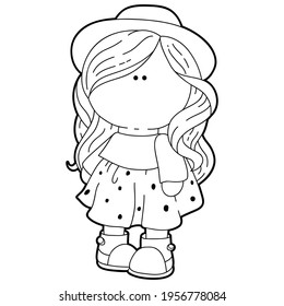 Página de coloreado de ilustraciones de vectores con muñeca textil de dibujos animados para niños, libro de coloreo y chatarra, imprimible