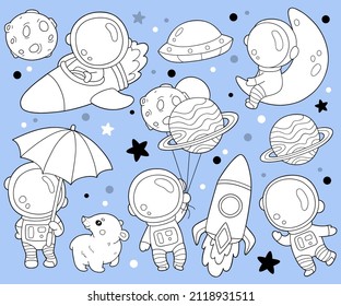 Vector illustration coloring page with cartoon astronaut collection for children, coloring and scrap book, printable