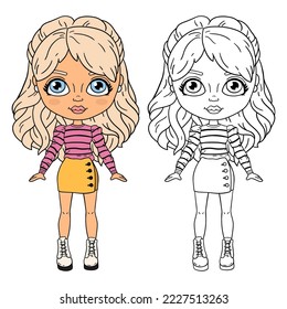 Vector illustration coloring page of cartoon doll with example  for children and scrap book