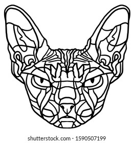 Vector illustration. Coloring page for children and adults. The head of a cat. Sphynx cat. Relaxing coloring book for adults.