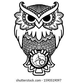 Vector illustration. Coloring page for children and adults. Owl with a clock in its paws. Relaxing coloring book for adults. Occult illustration. Original print for halloween stuff.