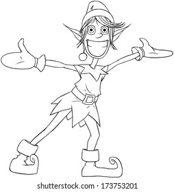 Vector illustration coloring page of a Christmas elf spreading his arms and smiling. 