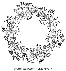 Vector illustration. Coloring page. Christmas wreath isolated on white. Outline drawing of a Christmas decoration. Holly and rose hips. Christmas home decoration.
