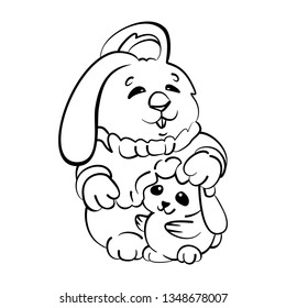 Vector illustration coloring page. Cute, cartoon rabbits, mom and baby. The concept of family, love for children