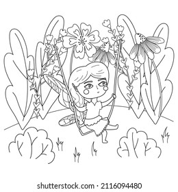 Vector illustration coloring page of a cute fairy on a swing. Coloring page for adults antistress and for children fairy tale concept.
