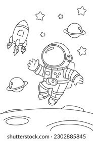 Vector illustration. Coloring page decorated with outline space elements. Coloring book page printable template a4 for children and adult