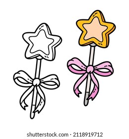 Vector illustration coloring page of doodle magic wand for children and scrap book