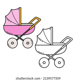 Vector illustration coloring page of doodle baby pram with example  for children and scrap book
