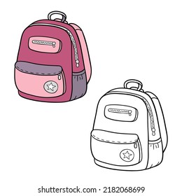 Vector illustration coloring page of doodle school bag with example  for children and scrap book