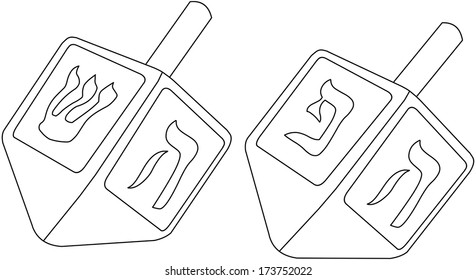 Vector illustration coloring page of dreidels for the Jewish holiday Hanukkah. 