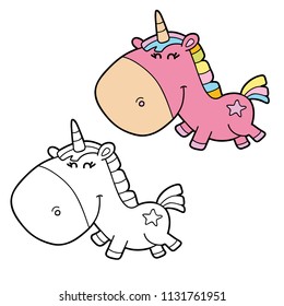  Vector illustration coloring page of happy cartoon  unicorn for children, coloring and scrap book