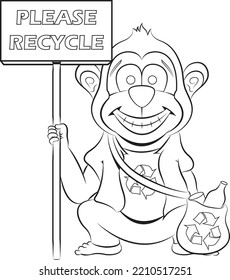 Vector illustration coloring page of happy monkey, supporting recycling