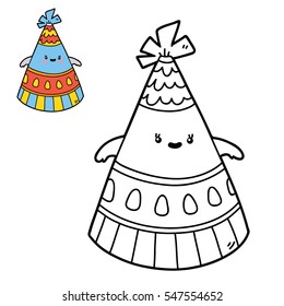 Vector illustration coloring page of happy cartoon party hat for children, coloring and scrap book